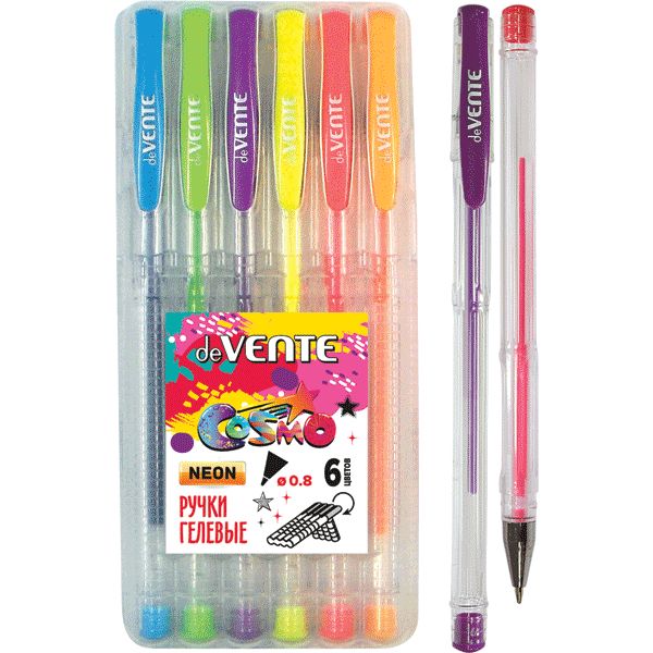 Ручки гелевые, набор 6 шт./6 цв., Ø 0.8 мм, лин. 0.4 мм, deVENTE Cosmo Fluo emotions