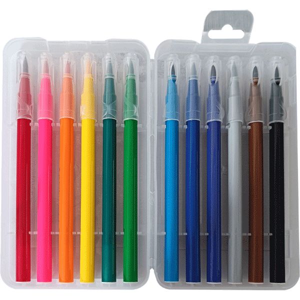 Фломастеры-кисточки 12 цветов, чернила в/о, вент. колпачок, круг. корп., deVENTE (п/пенал)