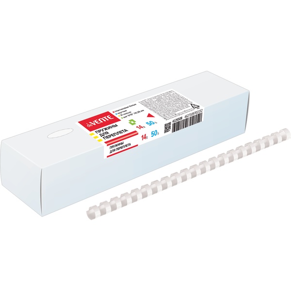 Пружина для переплета пластиковая, Ø14 мм, круглая, сшивает до 110 л., белая, 50 шт/уп, deVENTE