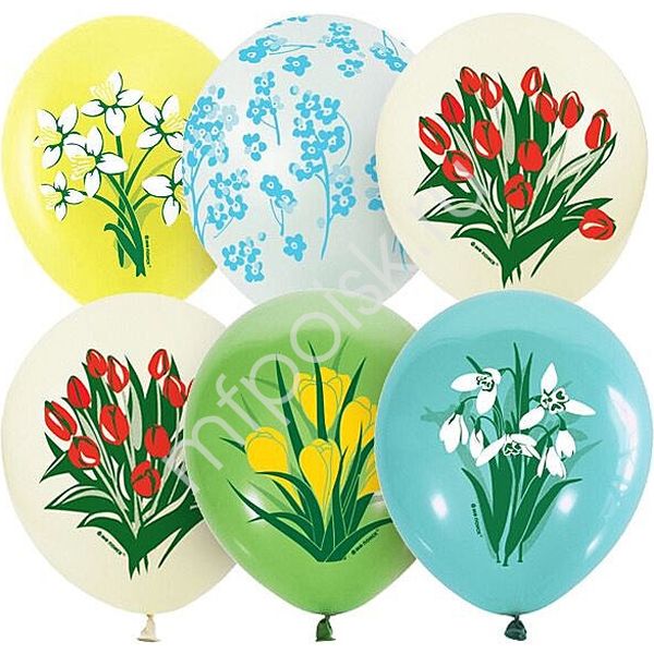 Шары воздушные 8 Марта, Ø30 см, латекс, микс рис., АССОРТИ Весенние цветы (25 шт.)