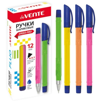 Ручка шариковая, синяя, Ø 0.7 мм "игла", шестигр., рифл. упор, метал. н-к, speed pro, deVENTE Fluo_4 дизайна  Акция!