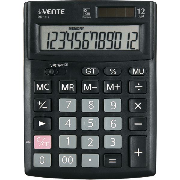 Калькулятор базовый deVENTE DD-4412, 12-разряд., 1 яч. пямяти, дв. питание, 00, →, MU, черный