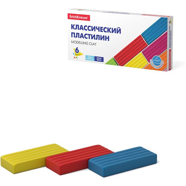 Пластилин классический ErichKrause Basic: 6 цветов, брусок 16 г (к/к)