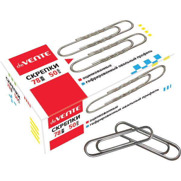 Скрепки 78 мм, оцинкованные, гофрированные, 50 шт., к/к, deVENTE