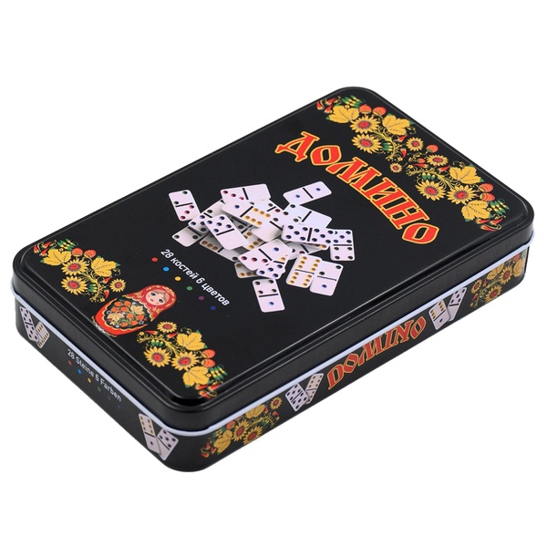 Игра "Домино классическое": пластик. кости (28 шт.), метал. футляр