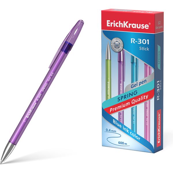 Ручка гелевая синяя, Ø 0.5 мм, лин. 0.4 мм, ДП 600 м, рифл. грип, ErichKrause R-301 Gel Stick Spring_4 дизайна
