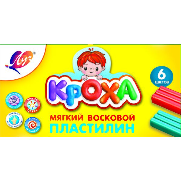 Пластилин восковой ЛУЧ Кроха: 6 цветов, брусок 15 г, стек (к/к)