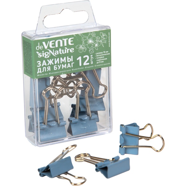 Зажимы для бумаг 19 мм, 12 шт., сумеречный синий, пэт-бокс, deVENTE sigNATURE