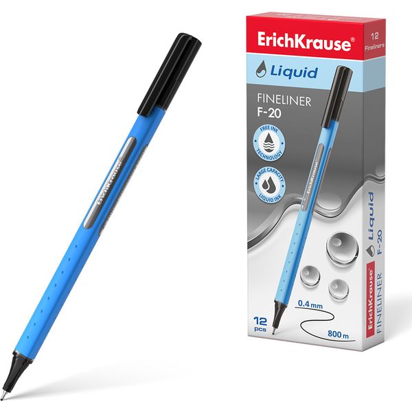 Ручка капиллярная (линер), черная, лин. 0.4 мм, ДП 800 м, ErichKrause Liquid F-20