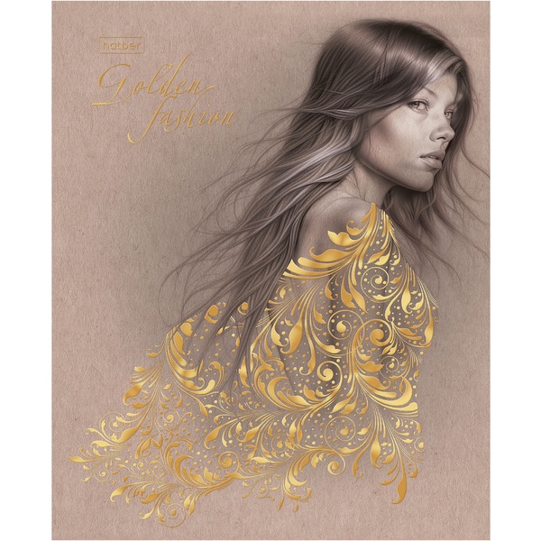 Тетрадь А5, клетка, 96 л., на скобе, 65 г/м², мат. лам., 3D фольга, Hatber Golden lady_5 дизайнов