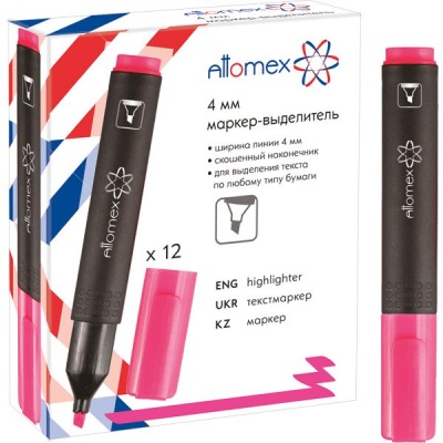 Текстмаркер розовый, неоновый, ШЛ 1-4 мм, н-к "клин", Attomex  Акция!