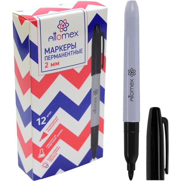 Маркер перманентный, черный, пулевидный, 2 мм, Attomex Маркер перманентный, черный, пулевидный, 2 мм, Attomex