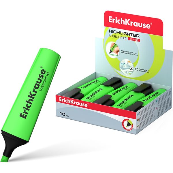 Текстмаркер зеленый, неоновый, ШЛ 0.6-5.2 мм, н-к "клин", ErichKrause Visioline V-12