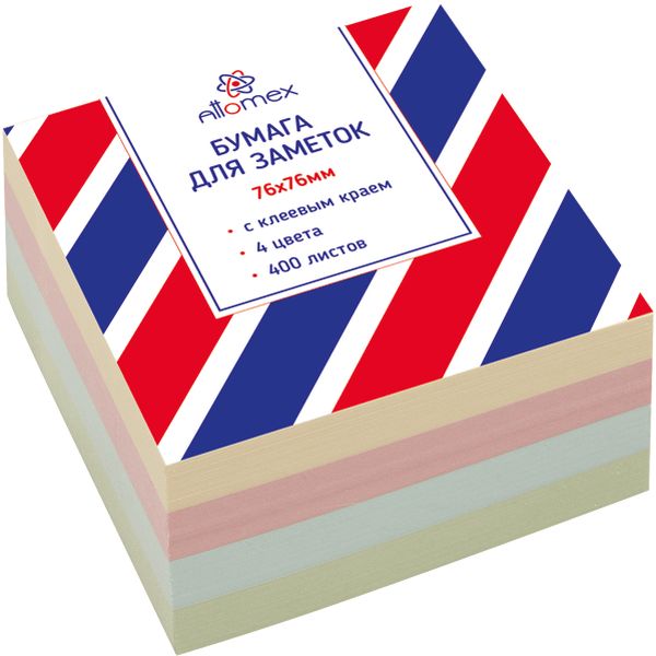 Бумага для заметок с клеевым краем, 76*76 мм, 400 л., 75 г/м2, пастельная, 4 цвета, Attomex