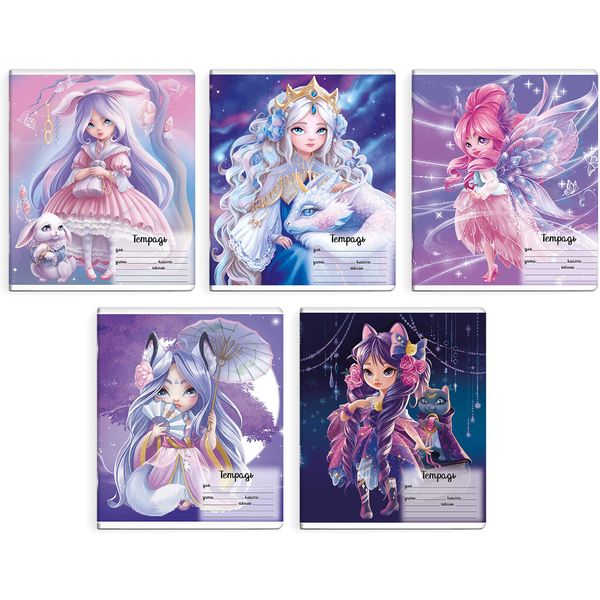 Тетрадь А5, клетка, 12 л., на скобе, 60 г/м², выб. лак, ФЕНИКС+ Сказочные принцессы_5 дизайнов