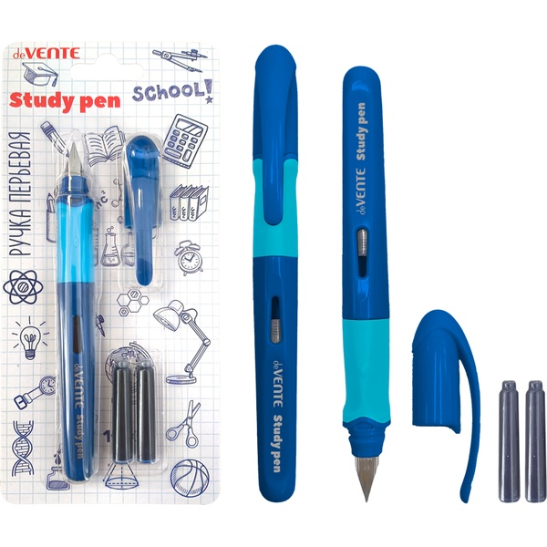 Ручка перьевая F (Fine), 3 картриджа по 0.8 мл, син. чернила, эрг. грип, deVENTE Stydy Pen_т.-синяя АКЦИЯ!!!