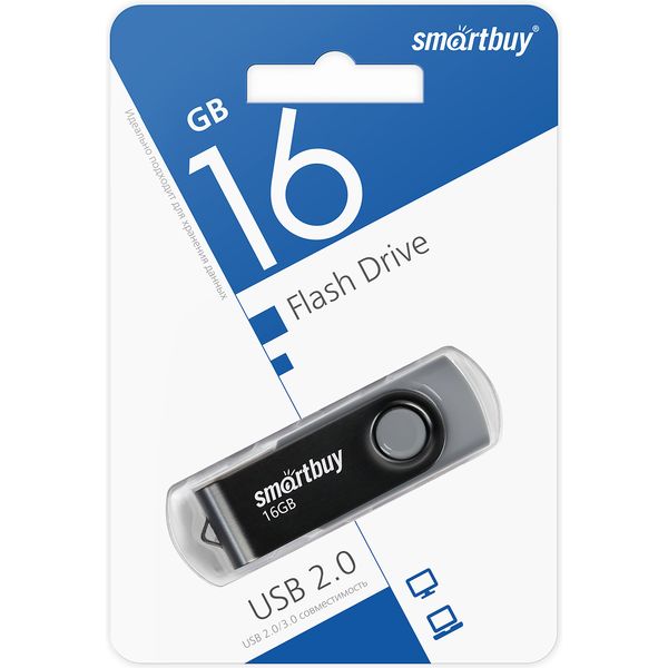 Флеш-накопитель USB 2.0, 16 ГБ, Smartbuy Twis/ Черно-серый