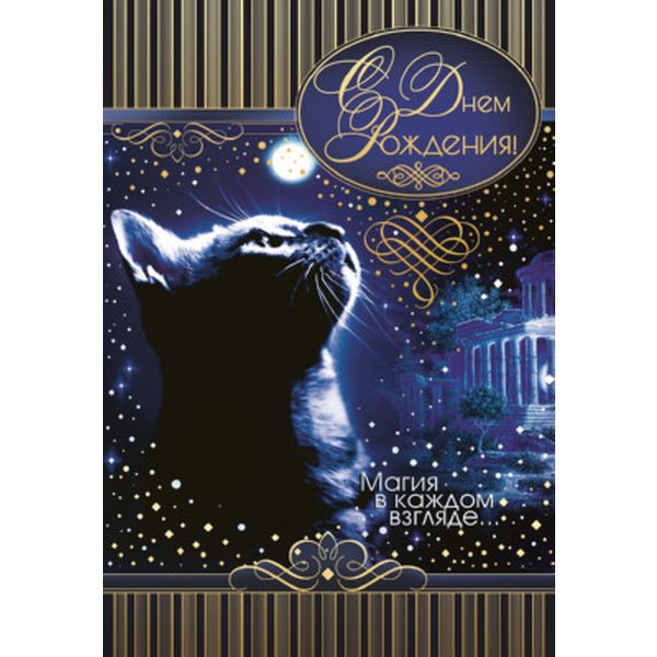 Открытка B6. С Днем рождения! АТМОСФЕРА ПРАЗДНИКА (Кот). Текст АКЦИЯ!!!