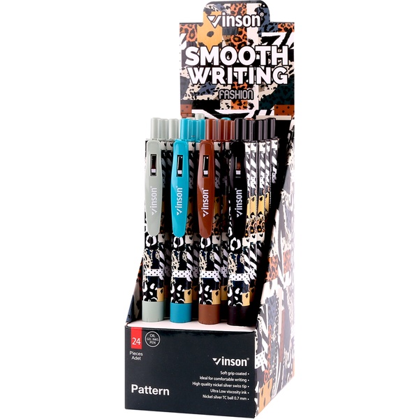 Ручка шариковая автомат., синяя, 0.7 мм "игла", круг. матовый корпус, VINSON Smooth writing Pattern_4 дизайна