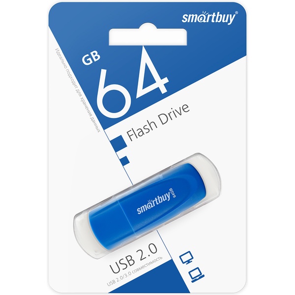 Флеш-накопитель USB 2.0, 64 ГБ, Smartbuy Scout Blue/синий