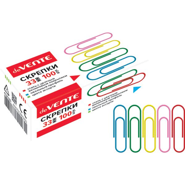 Скрепки 33 мм, цветные, овальные, 100 шт., к/к, deVENTE