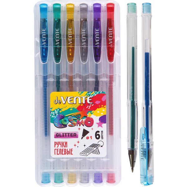 Ручки гелевые, набор 6 шт./6 цв. (блестки), Ø 1.0 мм, лин. 0.8 мм, deVENTE Cosmo Glitter
