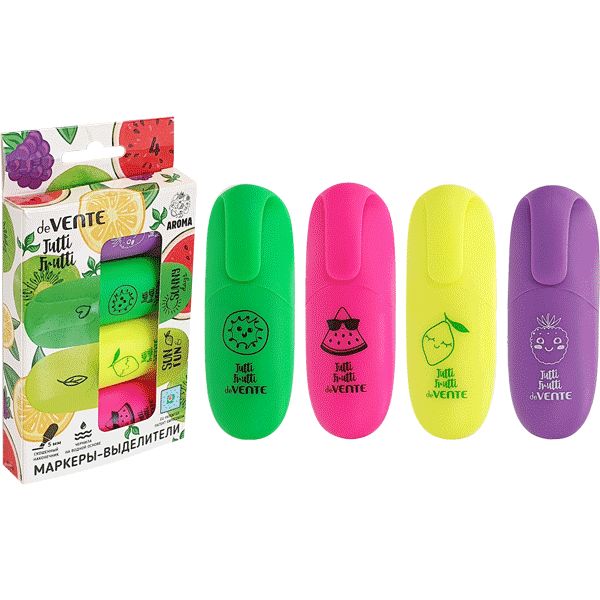 Текстмаркеры мини 4 цвета, неоновые, ШЛ 1-5 мм, н-к "клин", аромат. чернила, deVENTE Tutti-Frutti