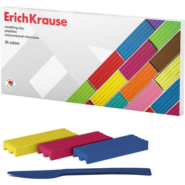 Пластилин классический ErichKrause Basic: 24 цвета, брусок 16 г (к/к)