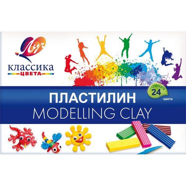 Пластилин классический ЛУЧ Классика цвета: 24 цвета, брусок 20 г, стек (к/к)