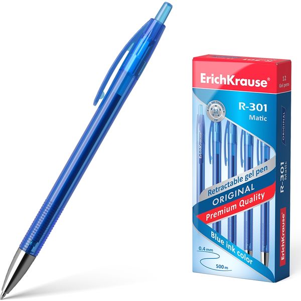 Ручка гелевая автомат., синяя, Ø 0.5 мм, лин. 0.4 мм, ДП 500 м, рифл. упор, ErichKrause R-301 Original Gel Matic