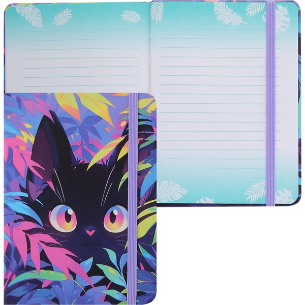 Блокнот в твердом переплете, А6, 64 л., 70 г/м², линия (стилиз.), мат. лам., резинка, КОКОС Tropical cat 