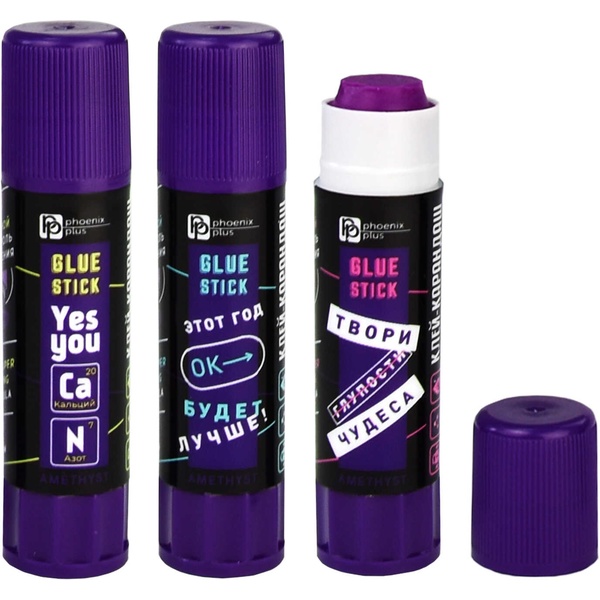 Клей-карандаш с цветным индикатором, 8 г, PVP основа, "исчезающий фиолетовый", ФЕНИКС+ Бэк ин блэк_3 дизайна