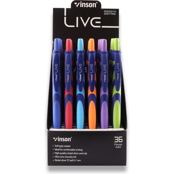 Ручка шариковая автомат., синяя, 0.7 мм "игла", круг. корп., софт-тач, VINSON Live_6 дизайнов Акция!