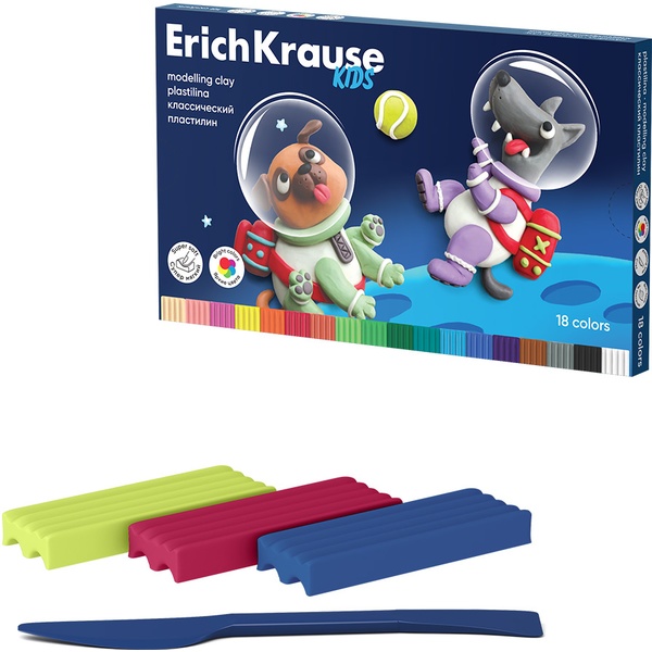 Пластилин классический ErichKrause Kids Space Animals: 18 цветов, брусок 18 г, стек (к/к)