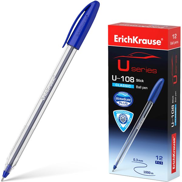 Ручка шариковая синяя, 1.0 мм "игла", рифл. грип, ErichKrause U-108 Stick Classic Ручка шариковая синяя, 1.0 мм "игла", рифл. грип, ErichKrause U-108 Stick Classic