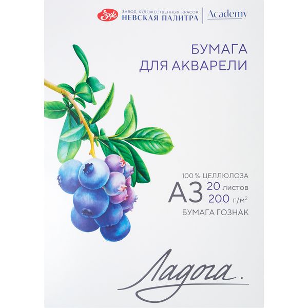 Папка для акварели, А3, 20 л., 200 г/м², цв: белый, ср. зерно, целлюлоза 100%, ЛАДОГА Папка для акварели, А3, 20 л., 200 г/м², цв: белый, ср. зерно, целлюлоза 100%, ЛАДОГА