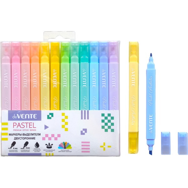 Текстовыделители deVENTE Pastel, набор 12 цв., 2-4 мм, н-к "пуля"/"клин", прямоуг. корпус Текстовыделители deVENTE Pastel, набор 12 цв., 2-4 мм, н-к "пуля"/"клин", прямоуг. корпус