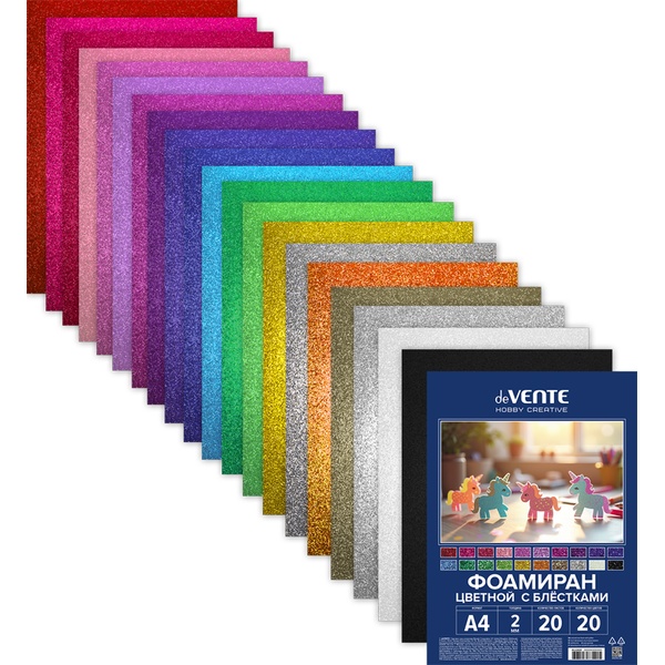 Фоамиран А4, 20 л., 20 цв. (с блестками), 2 мм, в п/п, deVENTE Hobby creative