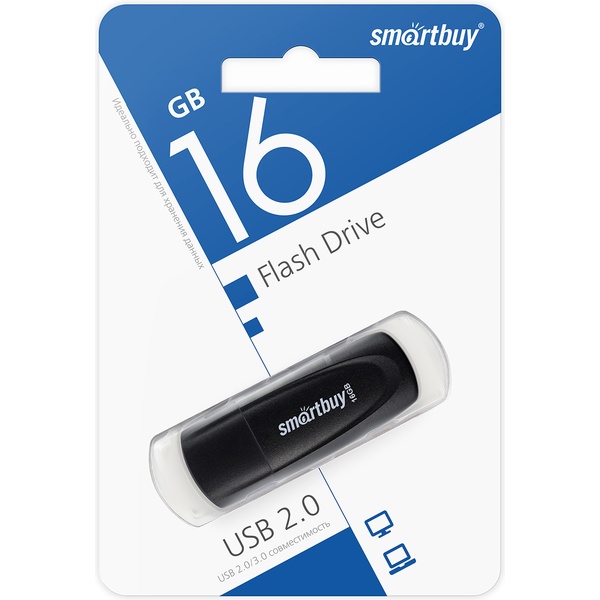 Флеш-накопитель USB 2.0, 16 ГБ, Smartbuy Scout Black/черный