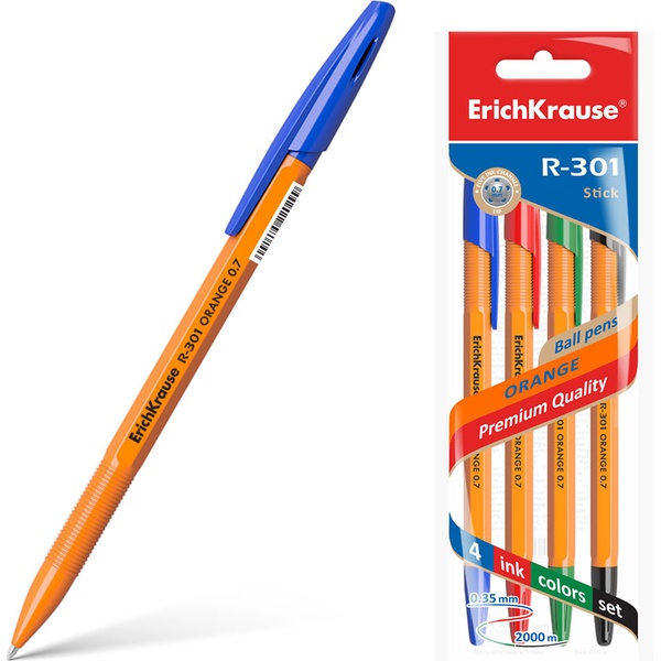 Ручки шариковые, набор 4 шт./4 цв., Ø 0.7 мм, лин. 0.35 мм, ДП 2000м, ErichKrause R-301 Stick Orange