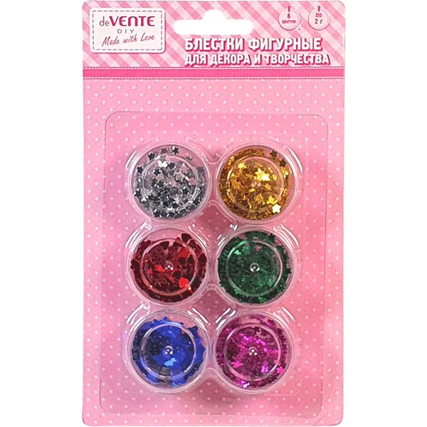 Блестки (глиттер) для декорирования, 6 цв. по 2 г, фигурные, р-р 3-4 мм, deVENTE Basic 