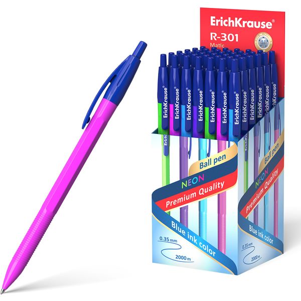Ручка шариковая автомат., синяя, 0.7 мм, рифл. упор, ErichKrause R-301 Matic Neon_4 дизайна