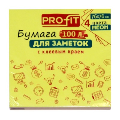 Бумага для заметок с клеевым краем, 76*76 мм, 100 л., неоновая, 4 цвета, Profit Бумага для заметок с клеевым краем, 76*76 мм, 100 л., неоновая, 4 цвета, Profit