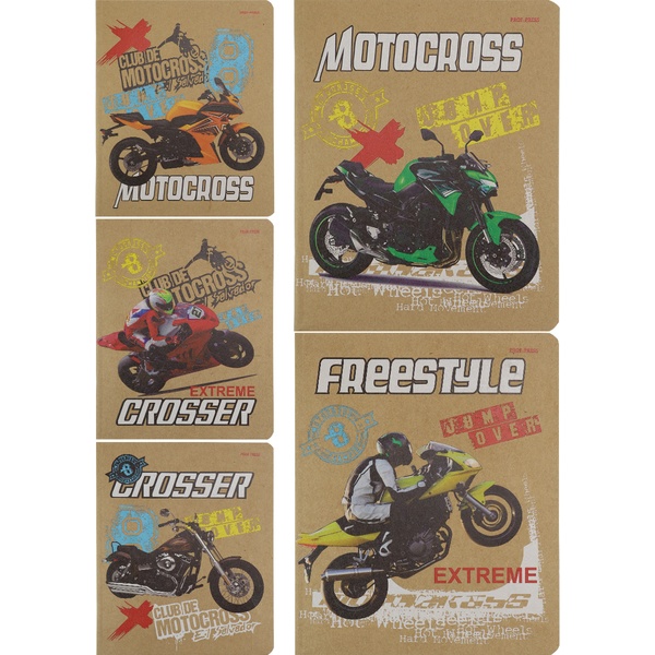 Тетрадь А5, клетка, 48 л., на скобе, 60 г/м² крафт-картон, с/уг, Prof-Press Мото-экстрим_5 дизайнов