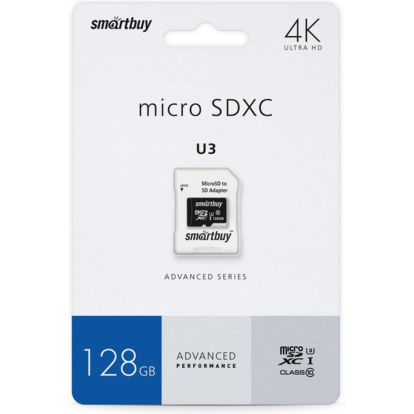 Карта памяти micro SDXC 128 Гб, U3 V30 A1 Advanced R/W up to 90/55, адаптер, Smartbuy Карта памяти micro SDXC 128 Гб, U3 V30 A1 Advanced R/W up to 90/55, адаптер, Smartbuy
