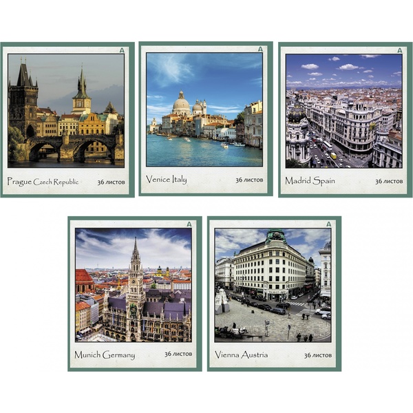 Тетрадь А5, клетка, 36 л., на скобе, 60 г/м², Alingar Городские виды_5 дизайнов