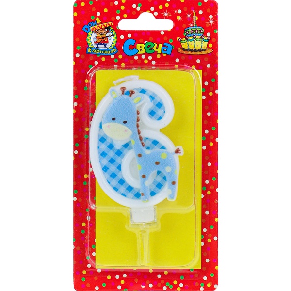 Свеча для торта Цифра «6» ДОН КАРНАВАЛ Жирафик_синий