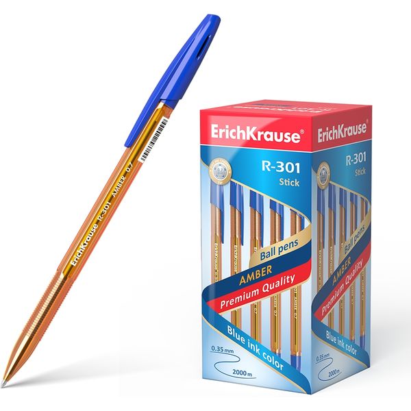 Ручка шариковая синяя, 0.7 мм, рифл. упор, оранж. тон. корп., ErichKrause R-301 Stick Amber