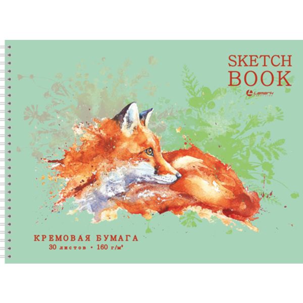Скетчбук А4, 30 л., 160 г/м², крем. блок, гребень сбоку, LAMARK Лисица  Акция!