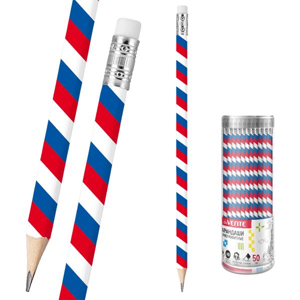 Карандаш чернографитный с ластиком, HB, деревянный, круглый, принт, deVENTE Триколор